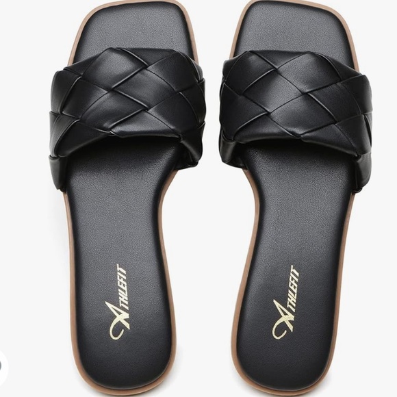 Athlefit Women's Braided Flat Sandals Square Open Toe Woven Slip On Slide Sandal - Picture 7 of 9